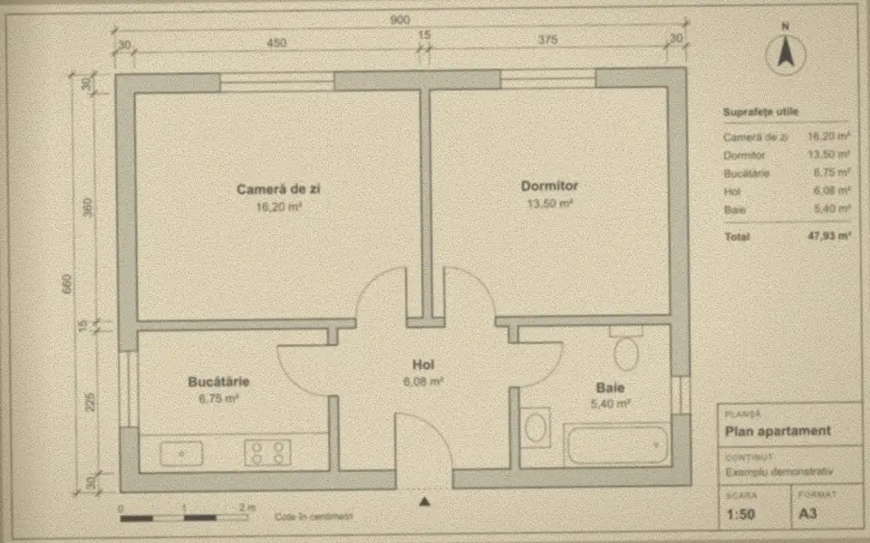 Plan de apartament cu două camere, scanat înclinat și neclar, comparat cu același plan redesenat